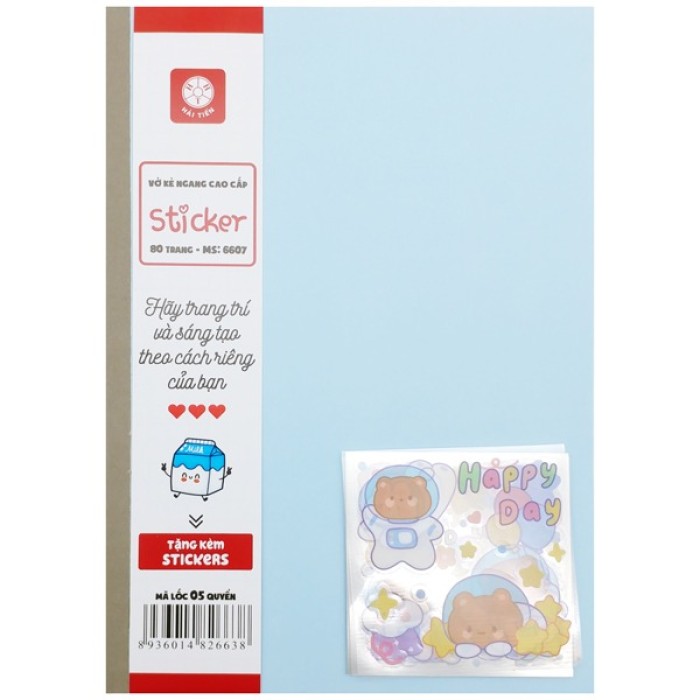 Vở Kẻ Ngang Hải Tiến 80 Trang Sticker Mã 6607 – Thiết Kế Dễ Thương, Giấy Dày Chống Thấm