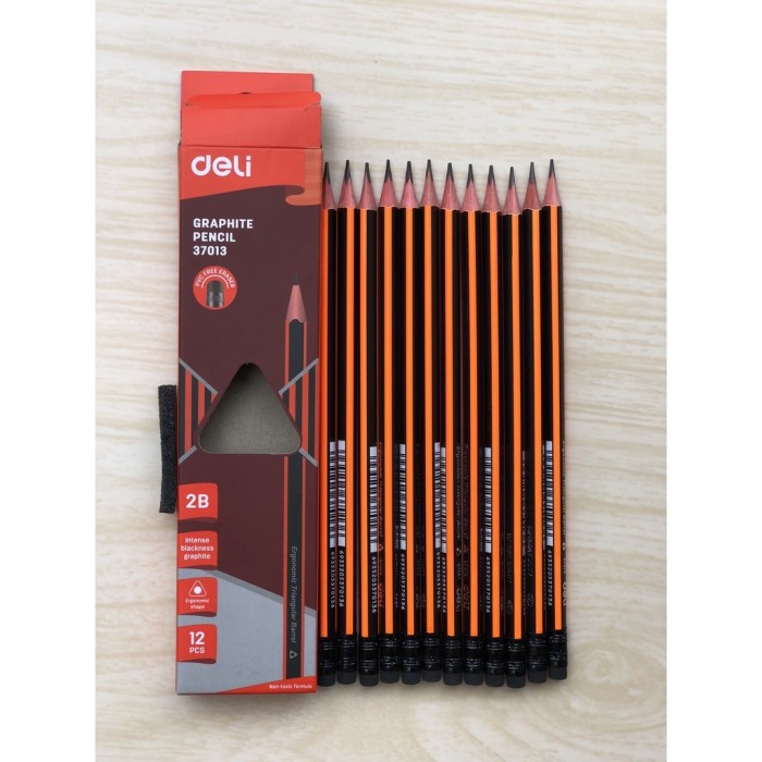 Bút Chì Gỗ Deli 37013 – 2B Có Gôm – Hộp 12 Cây Tiện Lợi